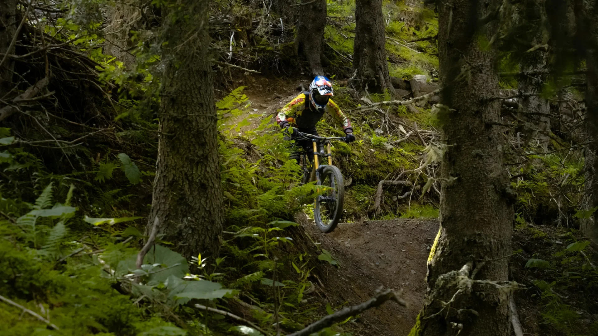 Mountain biker on a trail above Lenzerheide with the Grisons mountain panorama behind